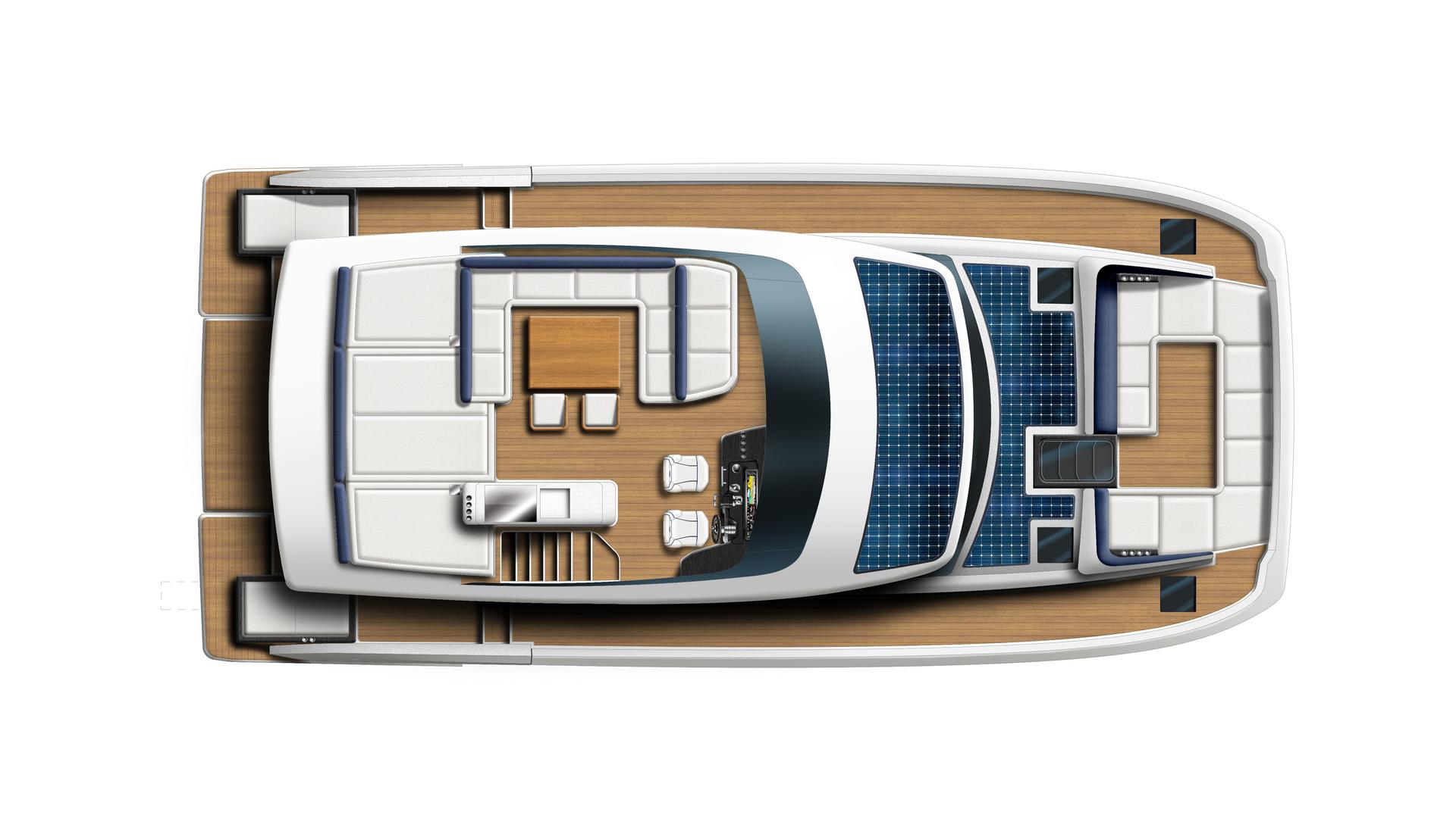 Rooftop plan of the YOT 53 seen from above, showing seating, a table and sunbeds on teak decking with solar panels forward
