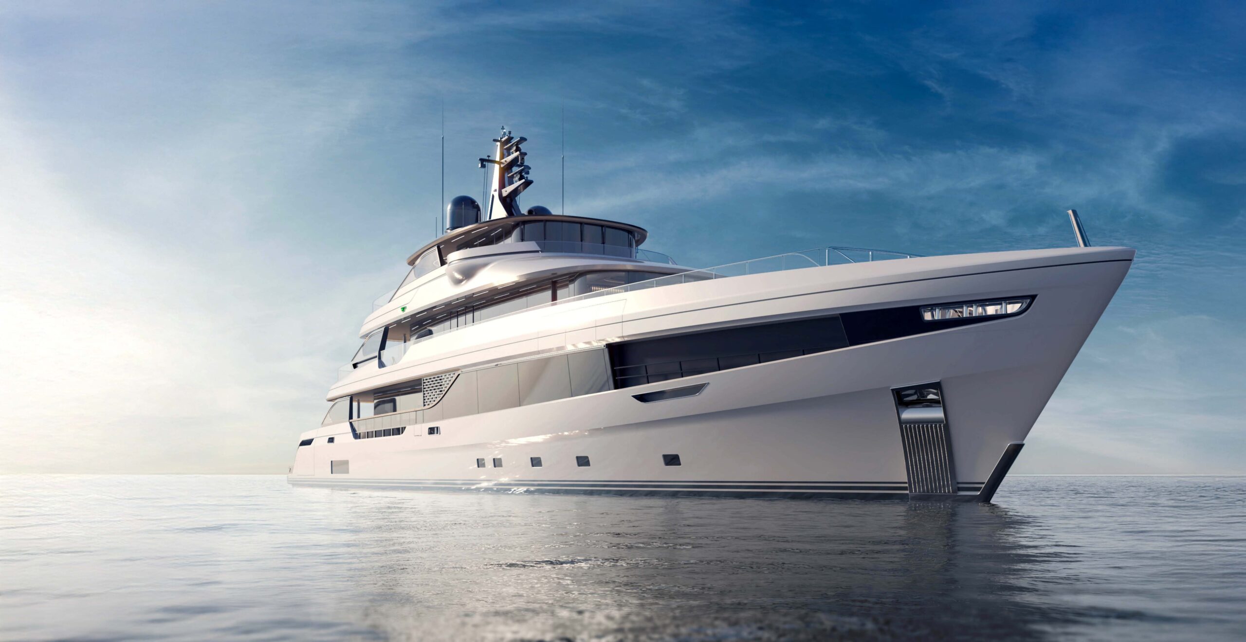 A rendering of the Panorama 50 from the bow quarter on flat water, a white hull with a long dark window band and three decks stepping aft