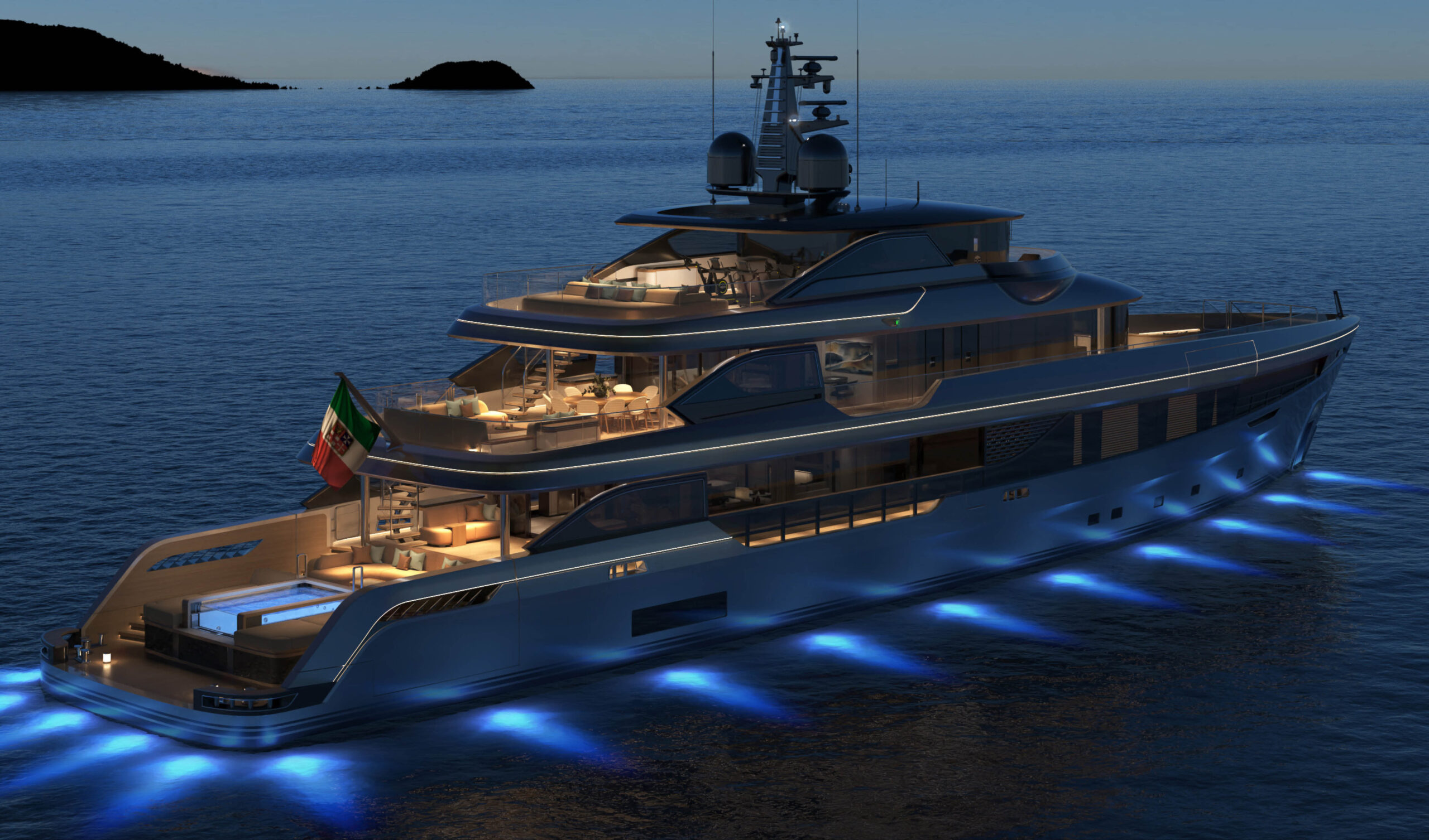 A rendering of the Panorama 50 at dusk seen from astern and above, lit decks and blue underwater lights along the hull