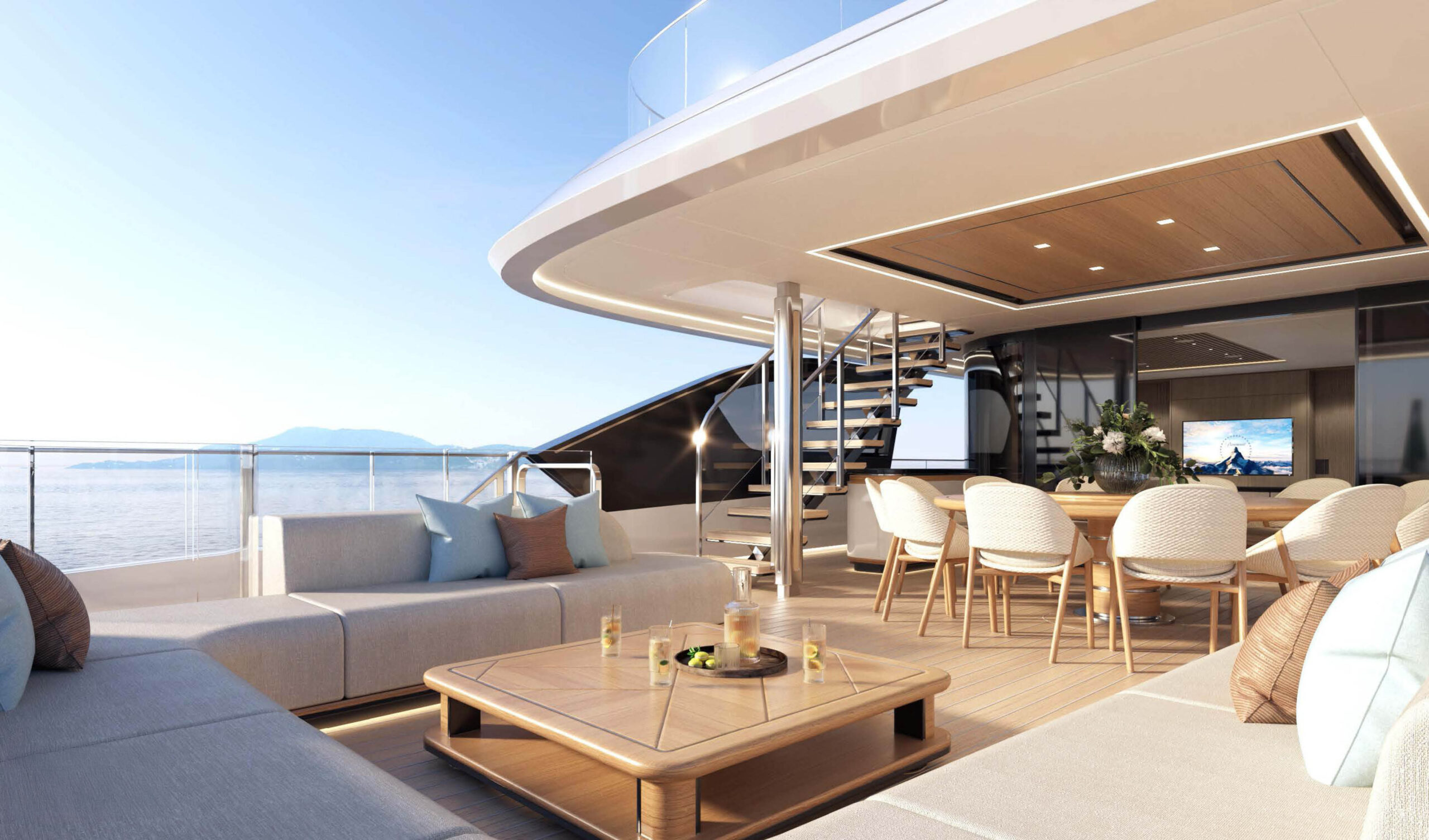 A rendering of a shaded aft deck lounge with sofas, a low teak table and a dining table for ten further forward