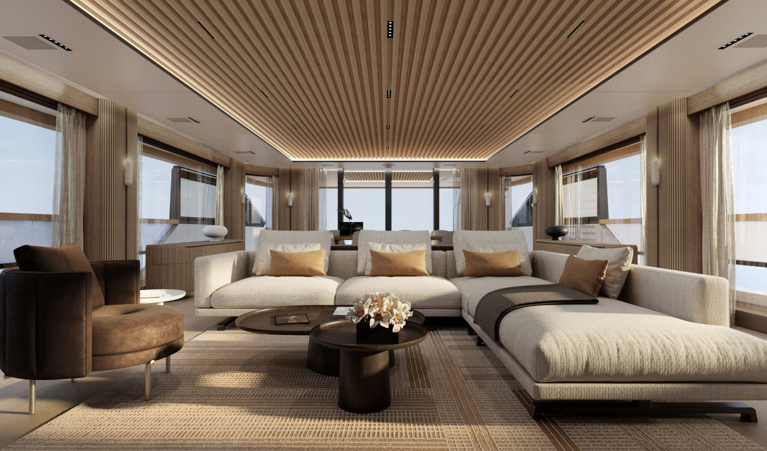 A rendering of the main saloon, pale sofas around two low tables under a slatted timber ceiling with windows down both sides