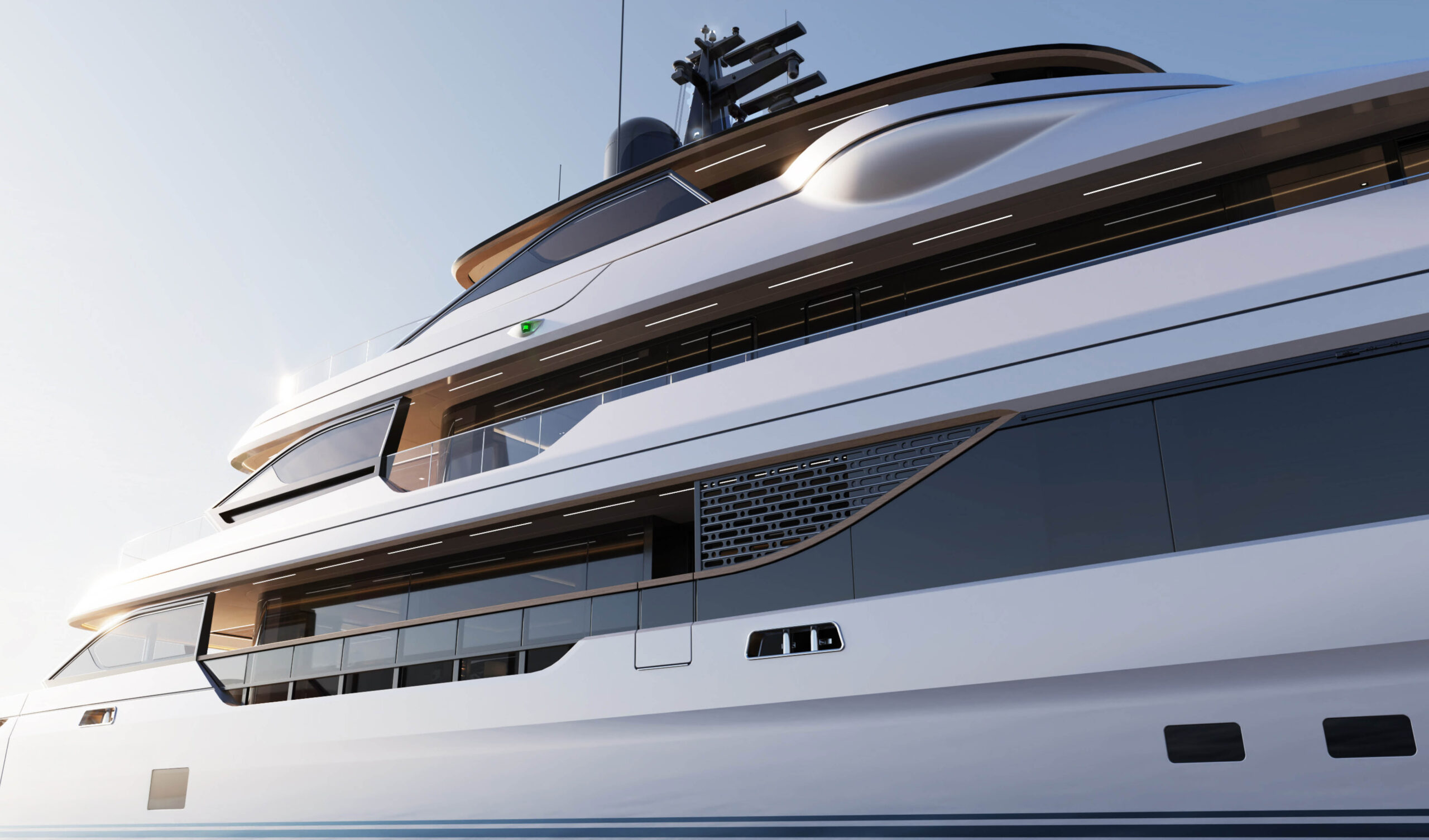 A rendering looking up at the side of the Panorama 50, stacked glazing, a dark vent grille and the mast above