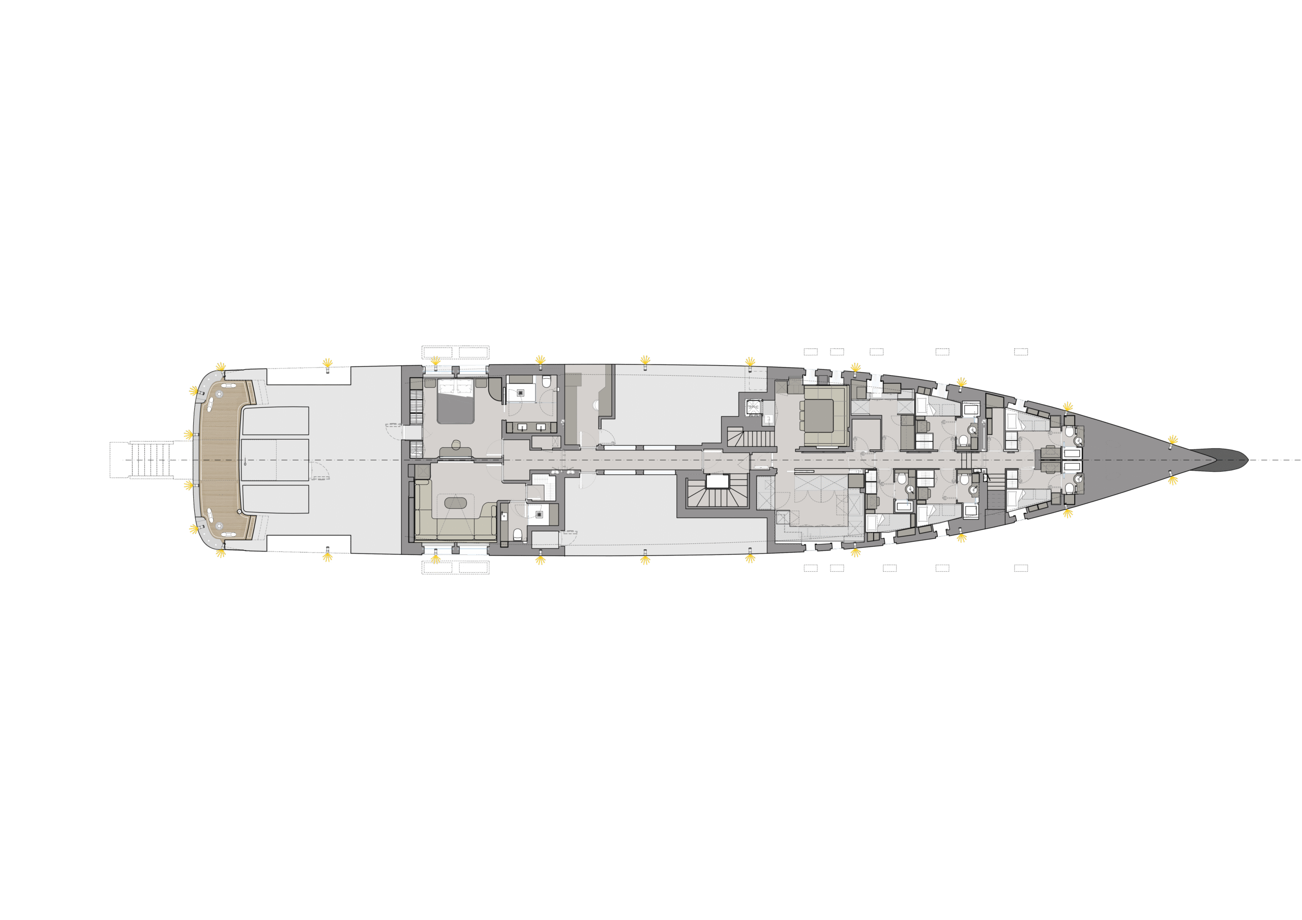 A general arrangement plan of the lower deck, guest cabins down both sides with a corridor between them, crew quarters forward and machinery aft