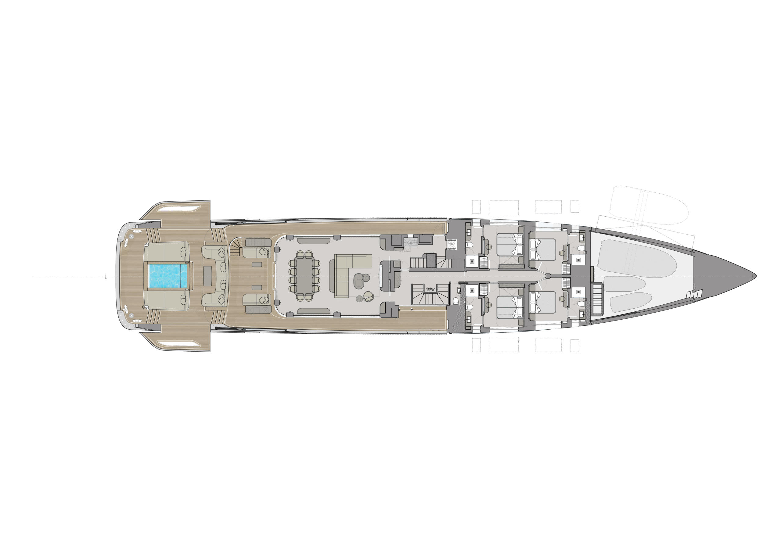 A general arrangement plan of the main deck, an aft pool and lounge, a saloon with a dining table for ten, two cabins and a tender stowed in the bow