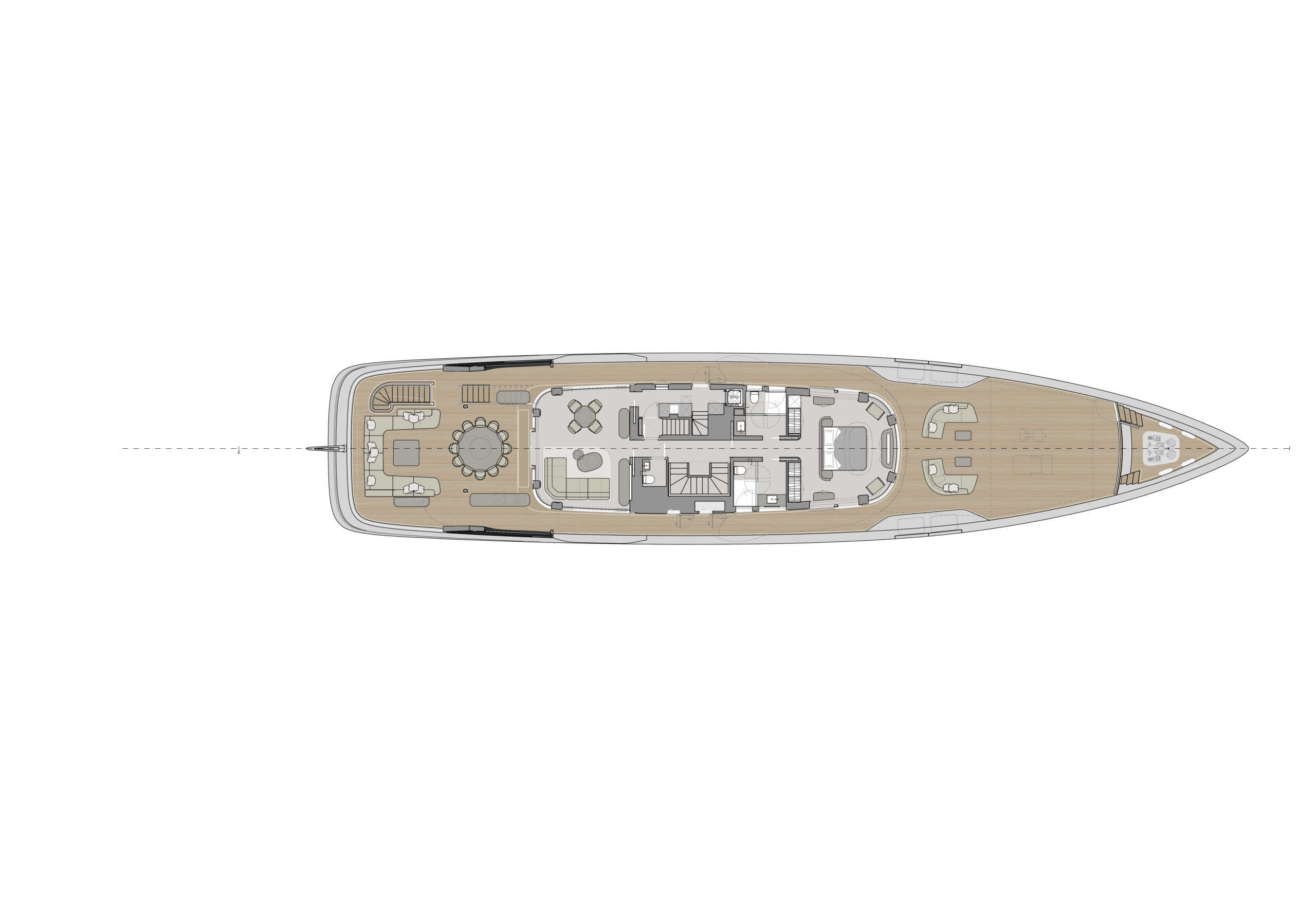 A general arrangement plan of the upper deck, dining for ten aft, a saloon, the wheelhouse and seating on the foredeck