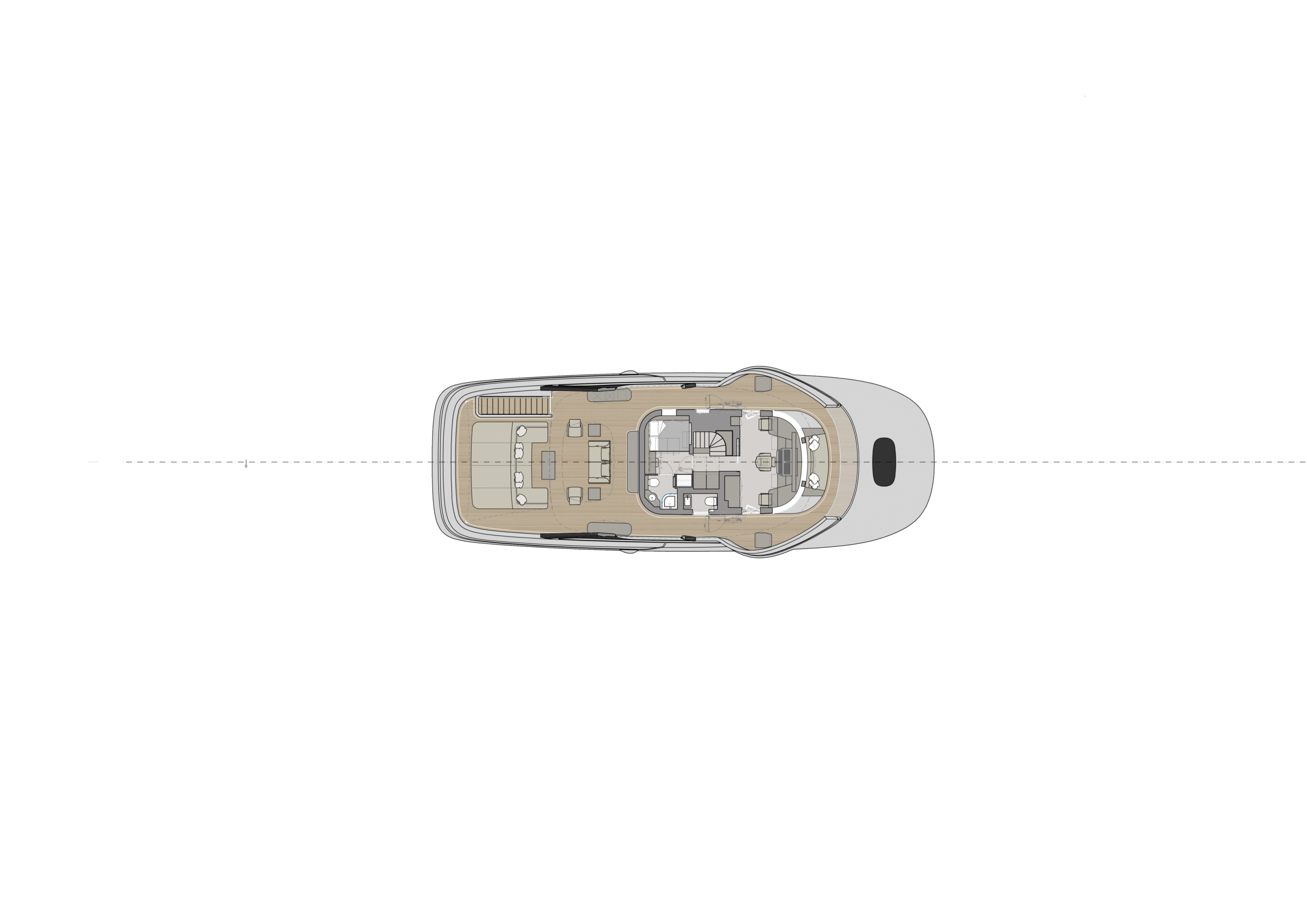 A general arrangement plan of the sun deck, an open deck with sunpads, a bar and a shaded lounge under the hardtop