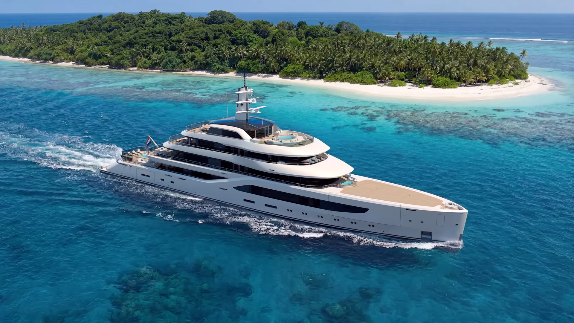 A rendering of an Amels 80 under way past a palm-covered island over a coral reef, a long white hull and four decks