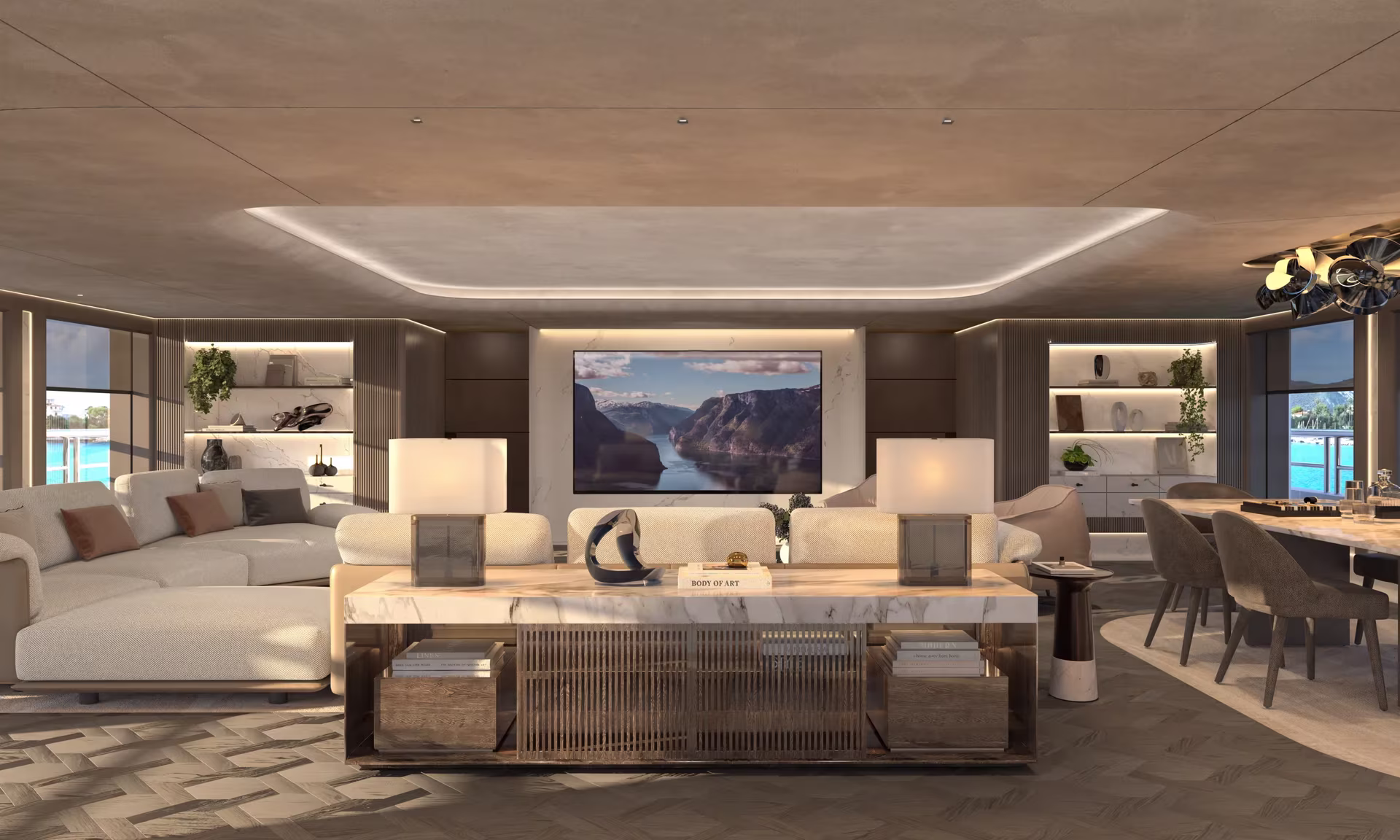 A rendering of a main saloon with a marble console, a wide screen, pale sofas and a dining table beyond