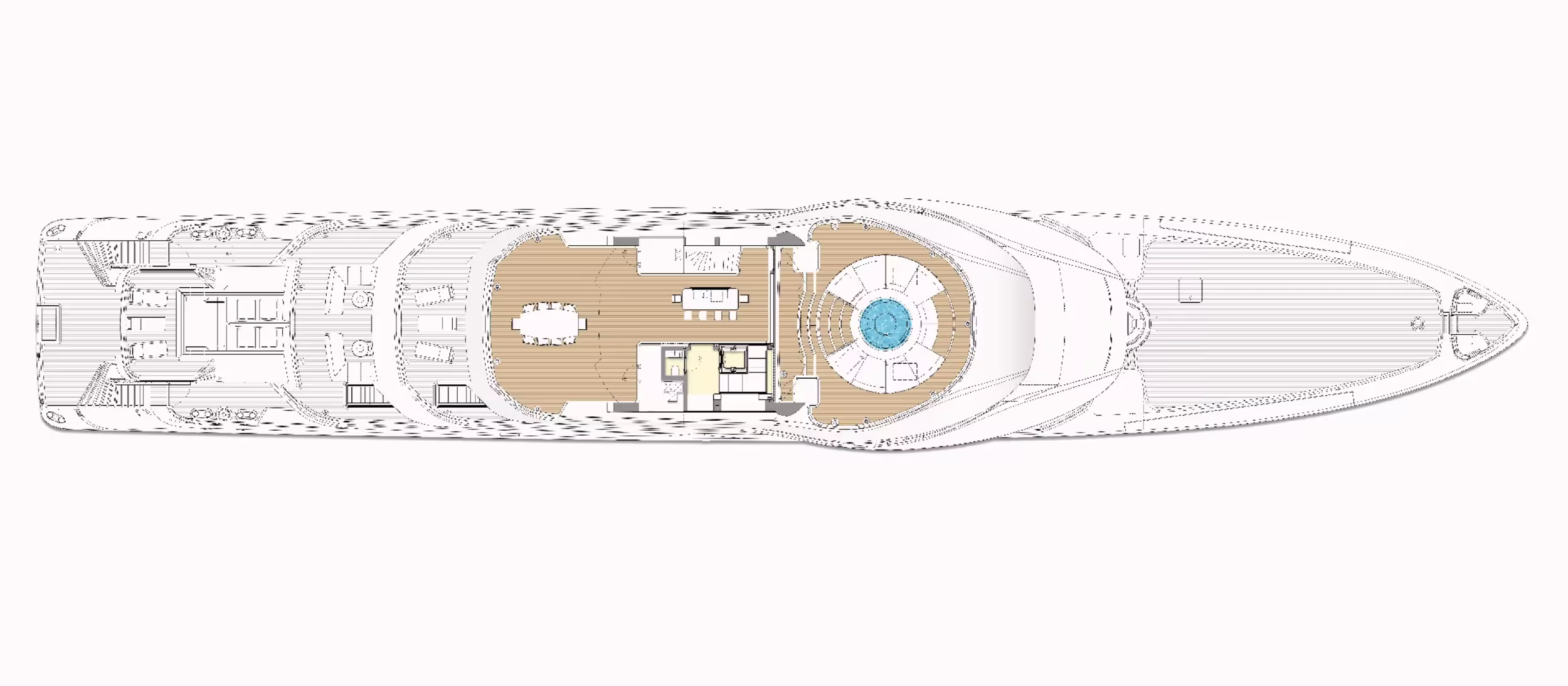 A general arrangement plan of the Amels 80 sun deck seen from above, a dining table and bar aft, a circular spa pool amidships and open deck forward