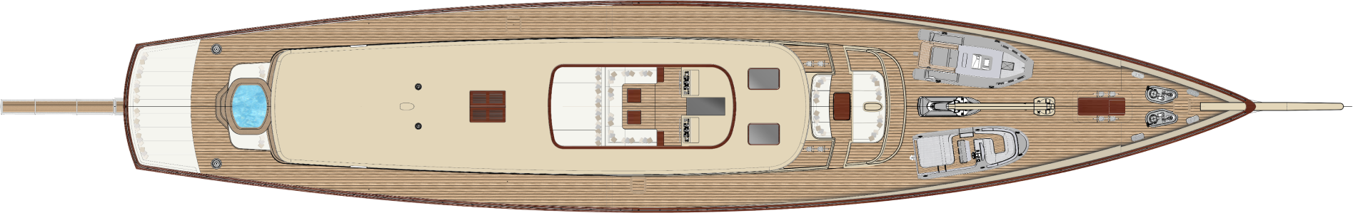 A general arrangement plan of Simena's sun deck, a flush teak deck with a spa pool forward, a central helm and tenders in cradles aft