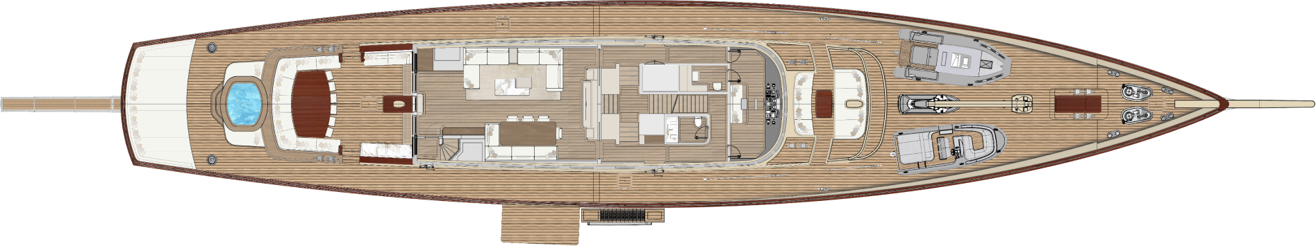 A general arrangement plan of Simena's main deck, the aft cockpit and saloon amidships with the owner's suite forward and tenders on the foredeck