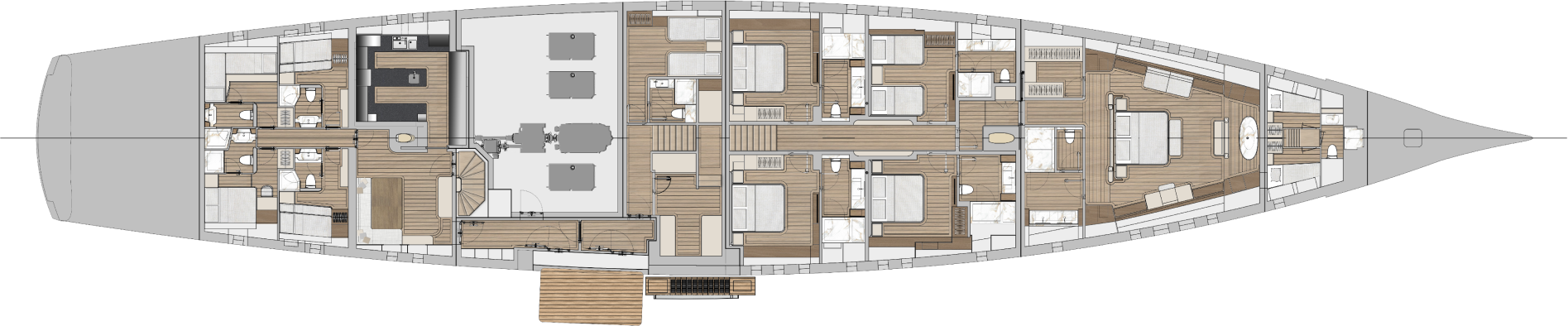 A general arrangement plan of Simena's lower deck showing crew quarters and galley aft, the engine room amidships and four guest cabins forward