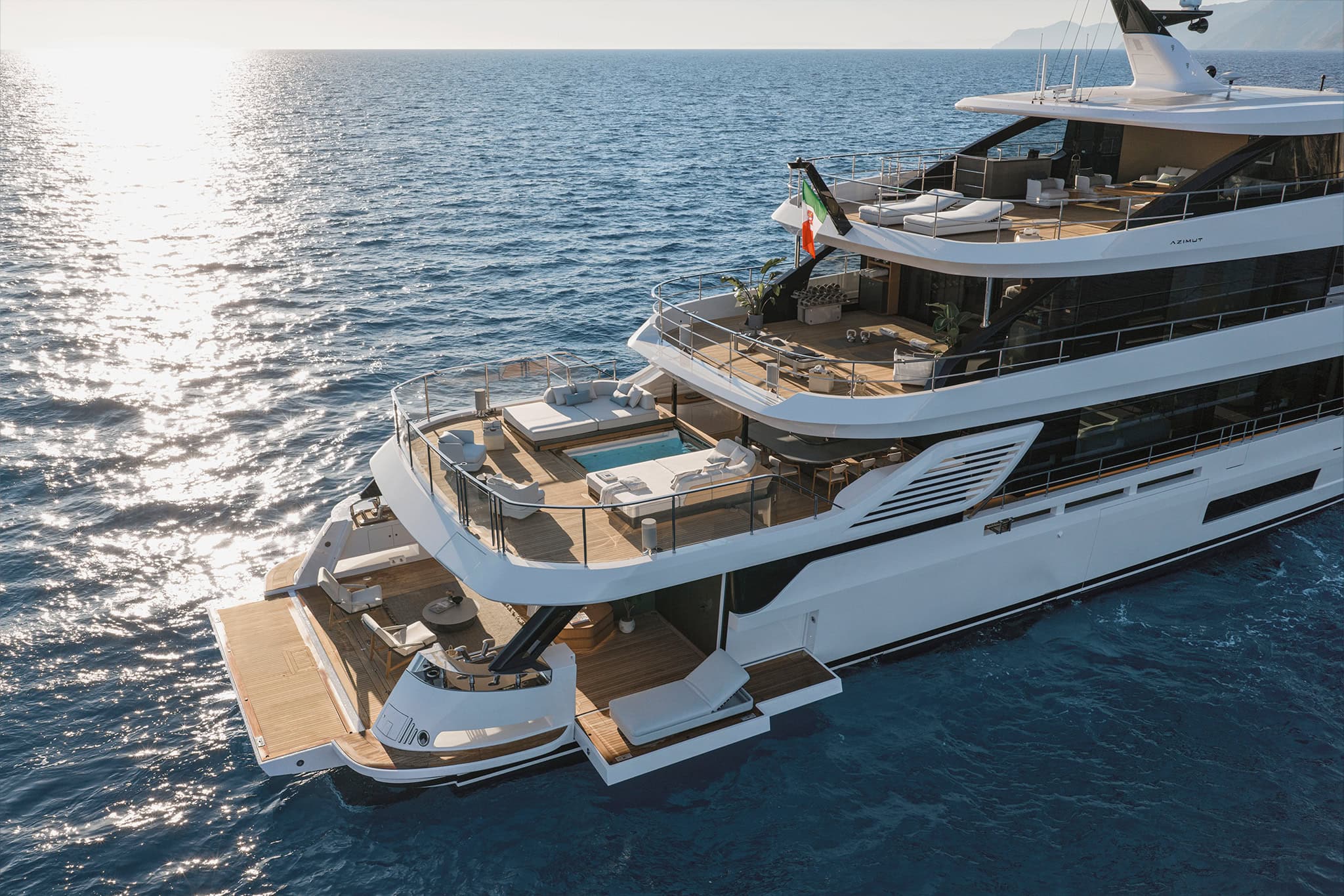 The Grande 44M from above and astern, her aft decks open to the sea