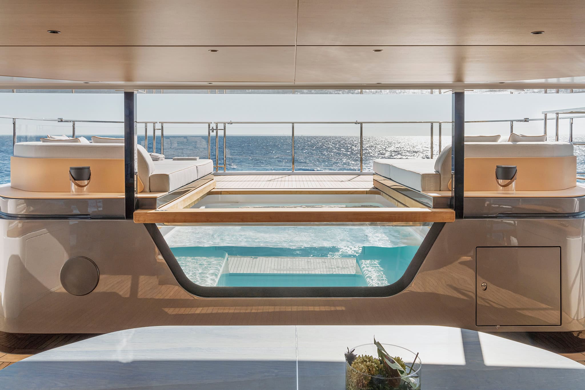 The See-Through Pool seen from the space below, its glazed side holding the view out to the sea