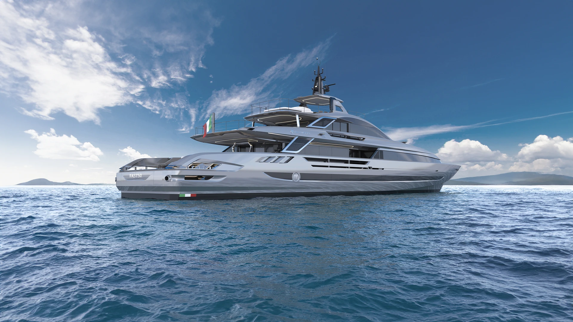 The FAST50 from astern and to port, with FAST50 lettered across the transom