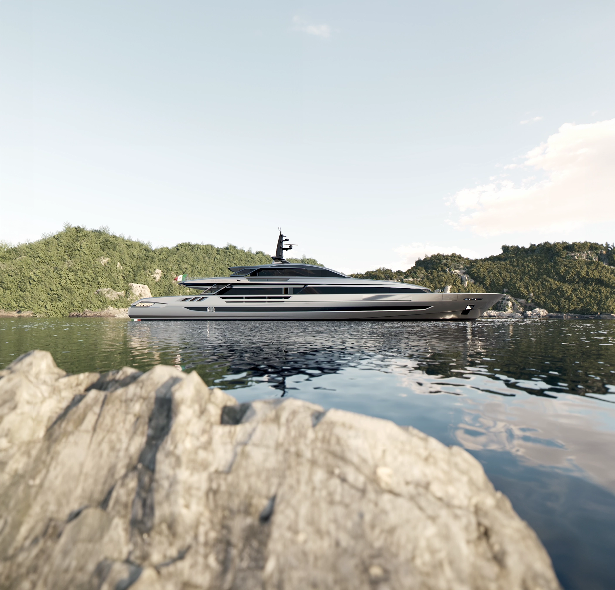 A rendering of the FAST50 in profile off a wooded shore, her long grey hull low in the water behind a rock in the foreground