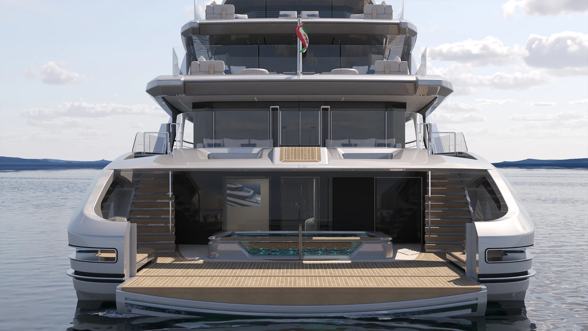 The T60 seen square from astern with the bathing platform lowered and the pool visible under the overhanging deck