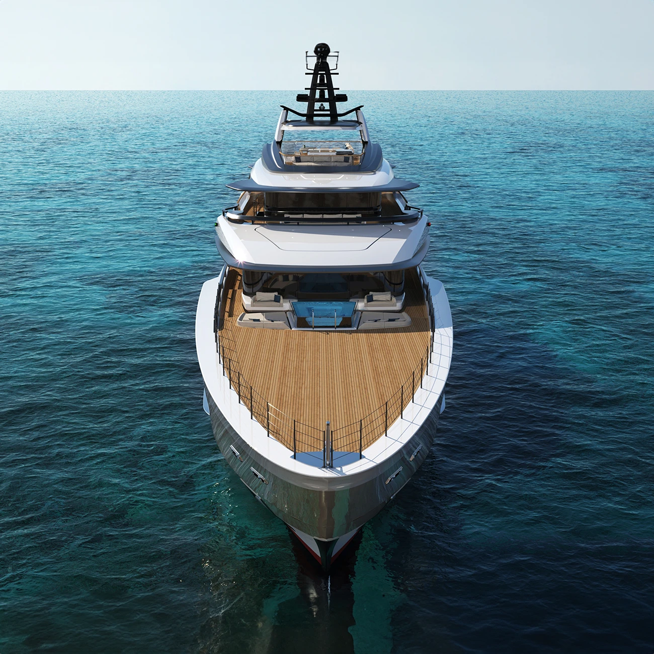 The T60 from ahead and above, looking down over the teak foredeck and its forward seating area