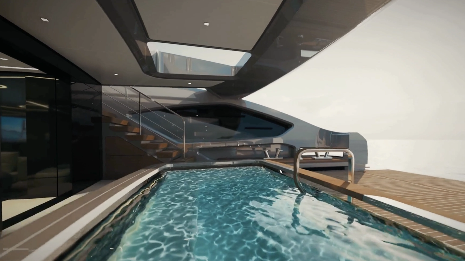 A rendering of the T60's pool set into a shaded deck, a glass balustrade and stairs behind, open sea to starboard