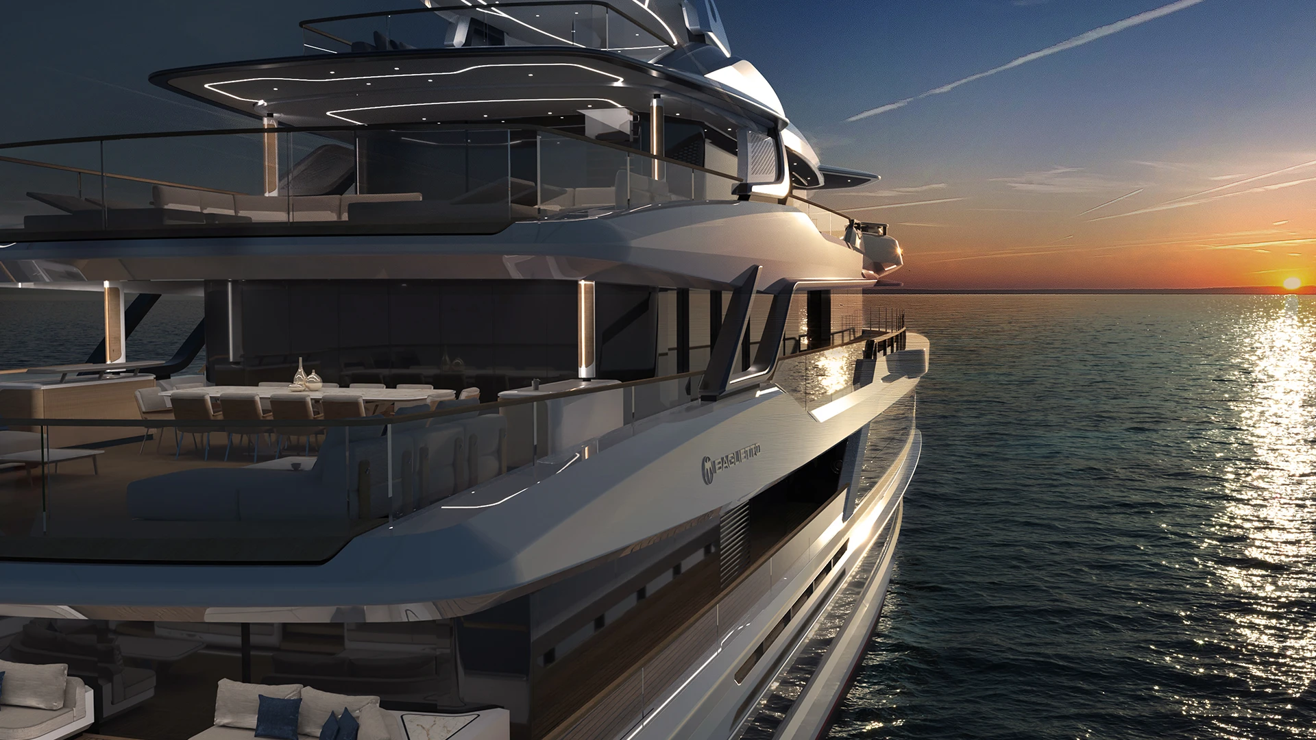 A rendering of the T60 at anchor at sunset, four decks lit from within, BAGLIETTO on the hull side