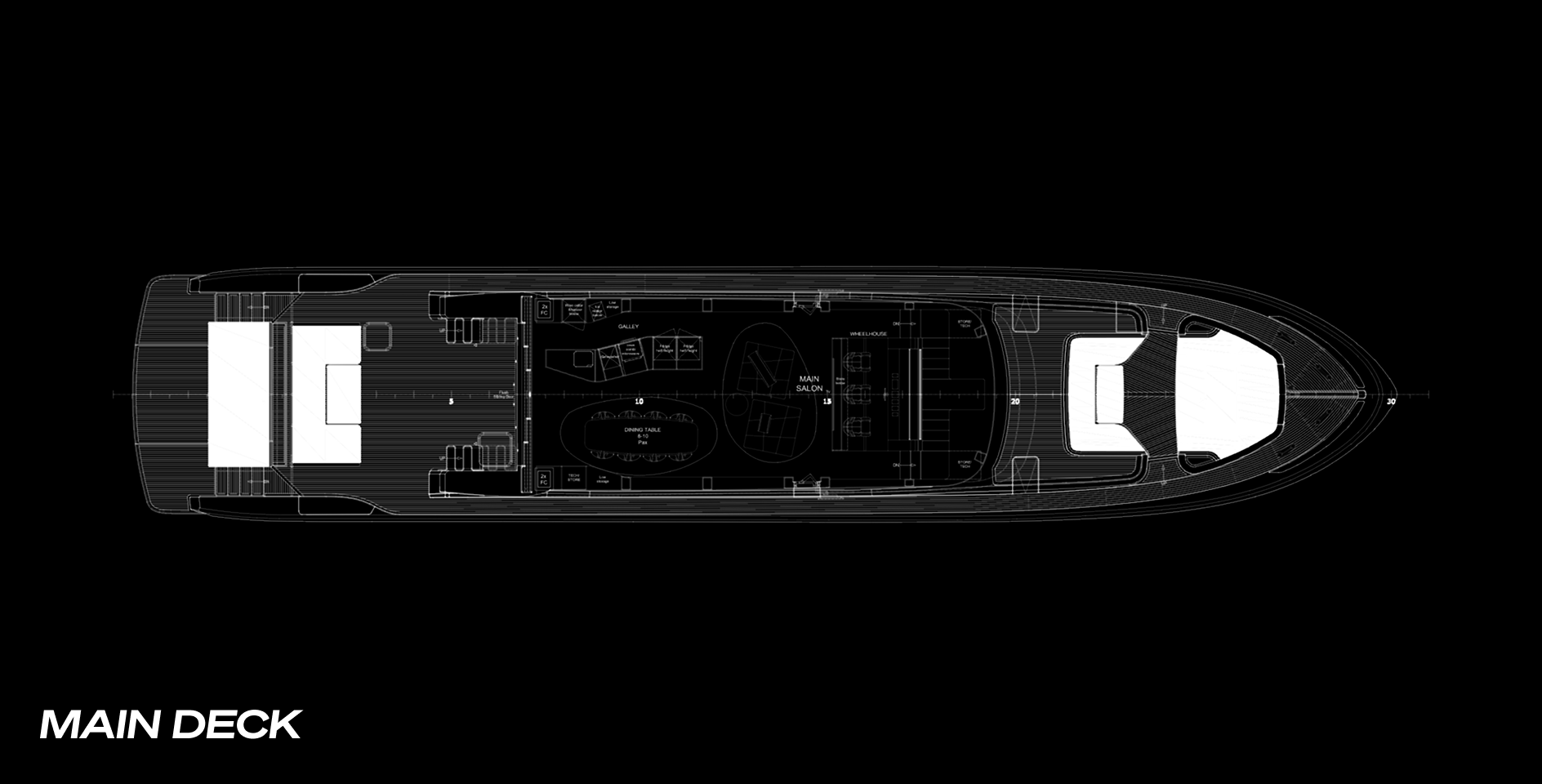 A labelled deck plan of the AB 110 main deck on a black ground, showing the wheelhouse, main salon, a dining table for eight to ten, the galley and a forward sunpad