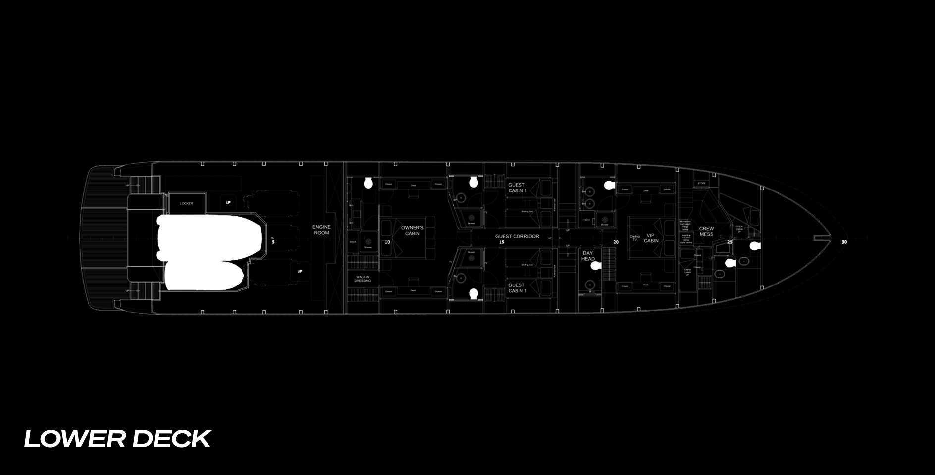 A labelled deck plan of the AB 110 lower deck showing the engine room aft, the owner's cabin with walk-in dressing, two guest cabins, a VIP cabin and the crew mess forward