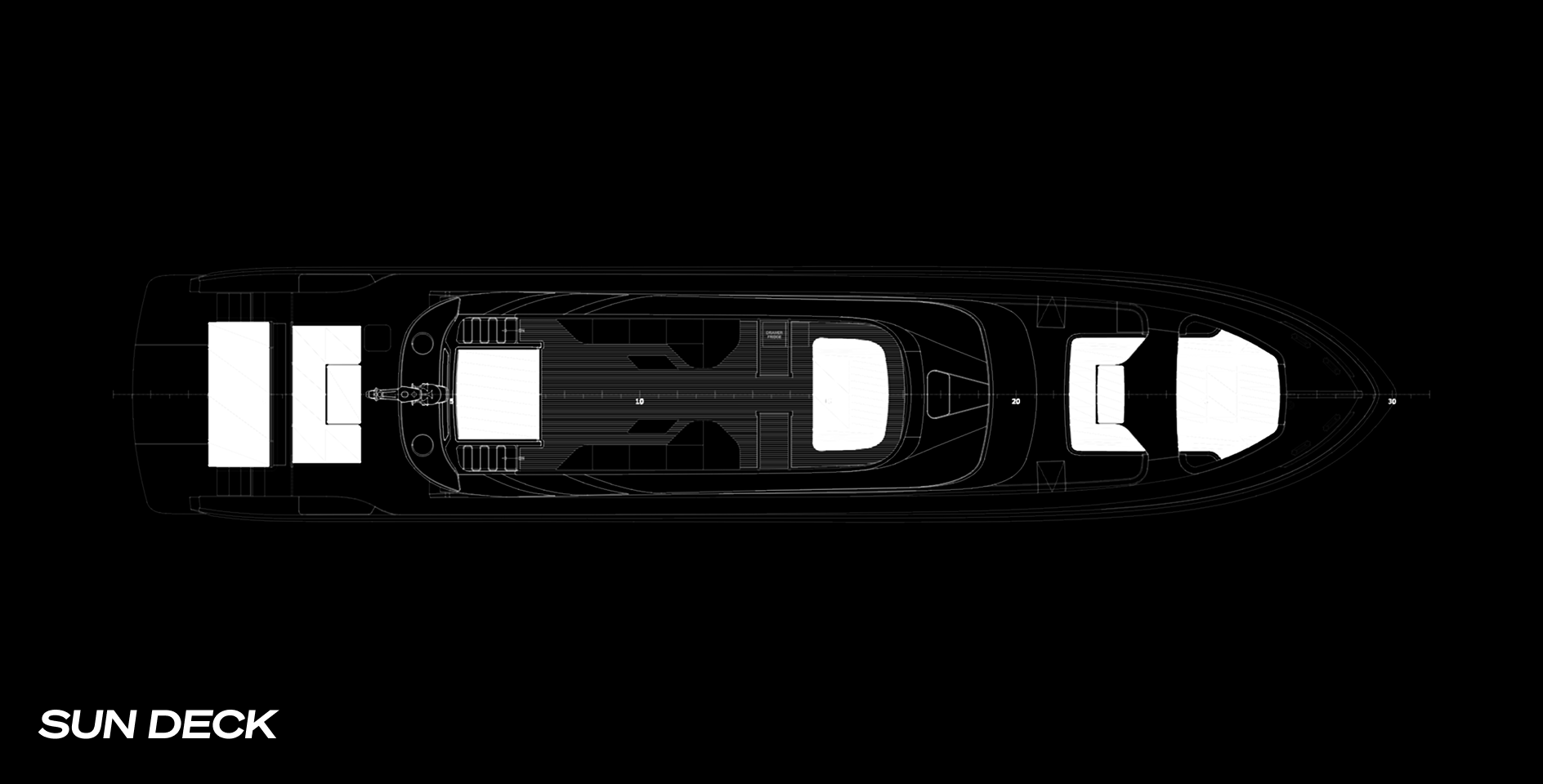 A labelled deck plan of the AB 110 sun deck, an open flybridge with sunpads fore and aft of a central console and a tender on the foredeck below