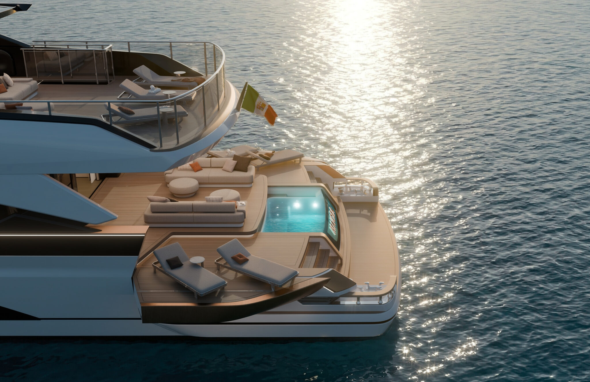 A rendering of the M|38 stern from above, a lit swimming pool set into the main-deck beach area with sun loungers and sofas around it