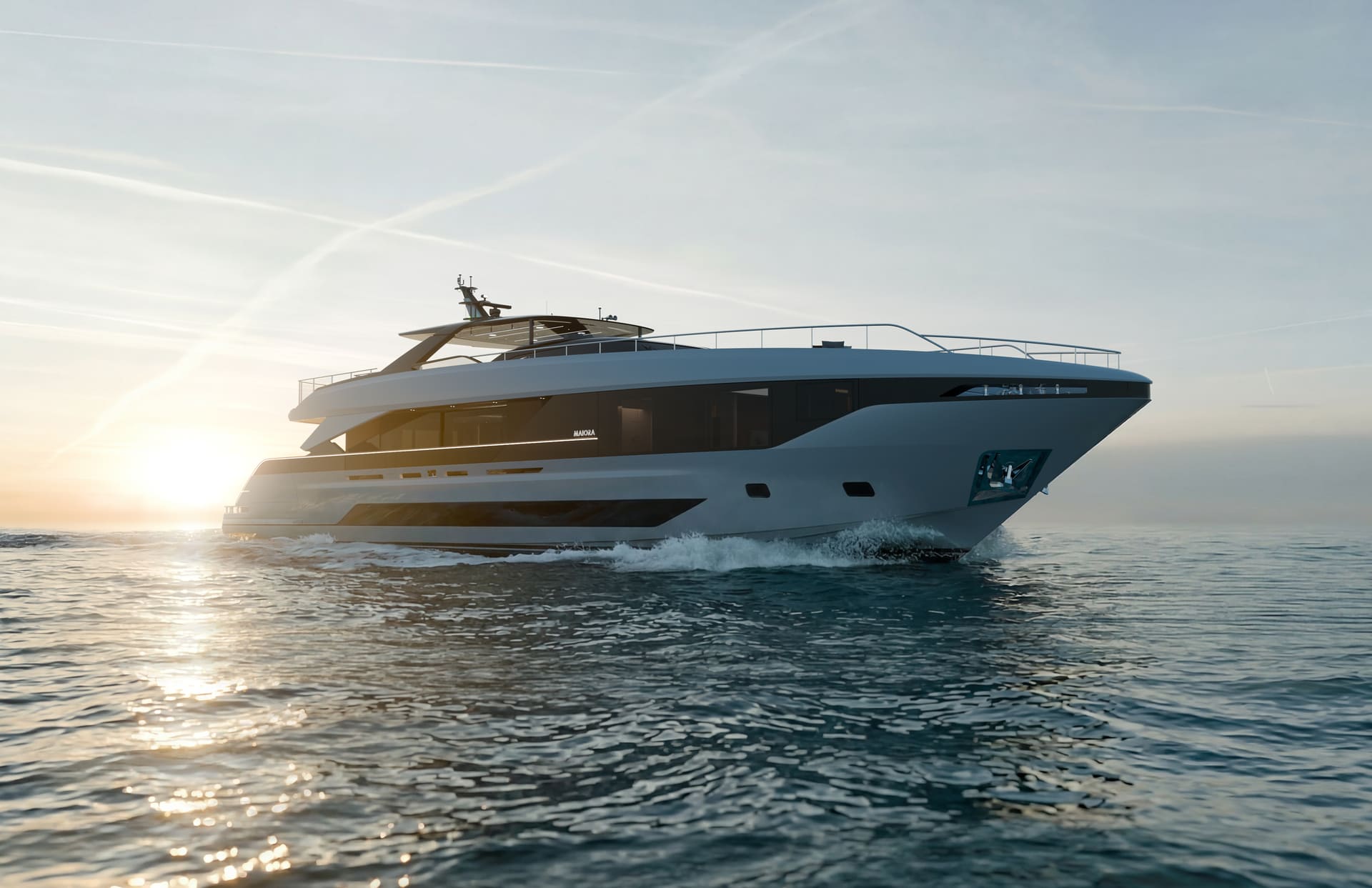 A rendering of the M|38 running towards the camera into low sun, a white hull with a long dark window band and MAIORA on the side