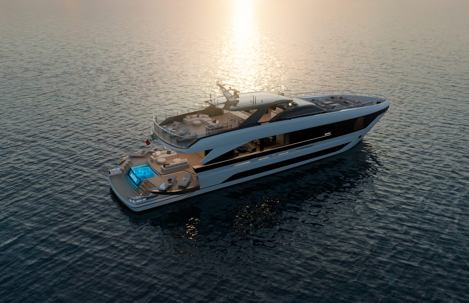 A rendering of the M|38 from above and astern, the lit stern pool and lounge in the foreground and the flybridge beyond