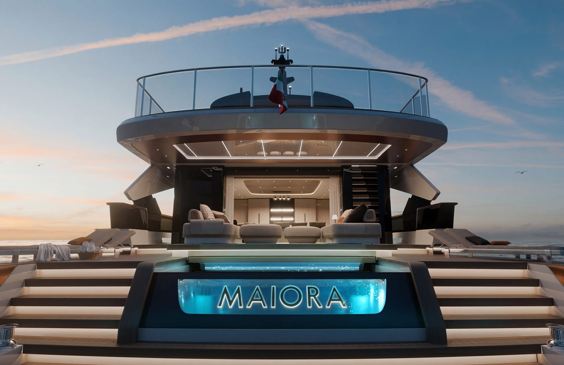 A rendering looking forward from the bathing platform into the saloon, a glass-fronted pool lettered MAIORA between two flights of steps