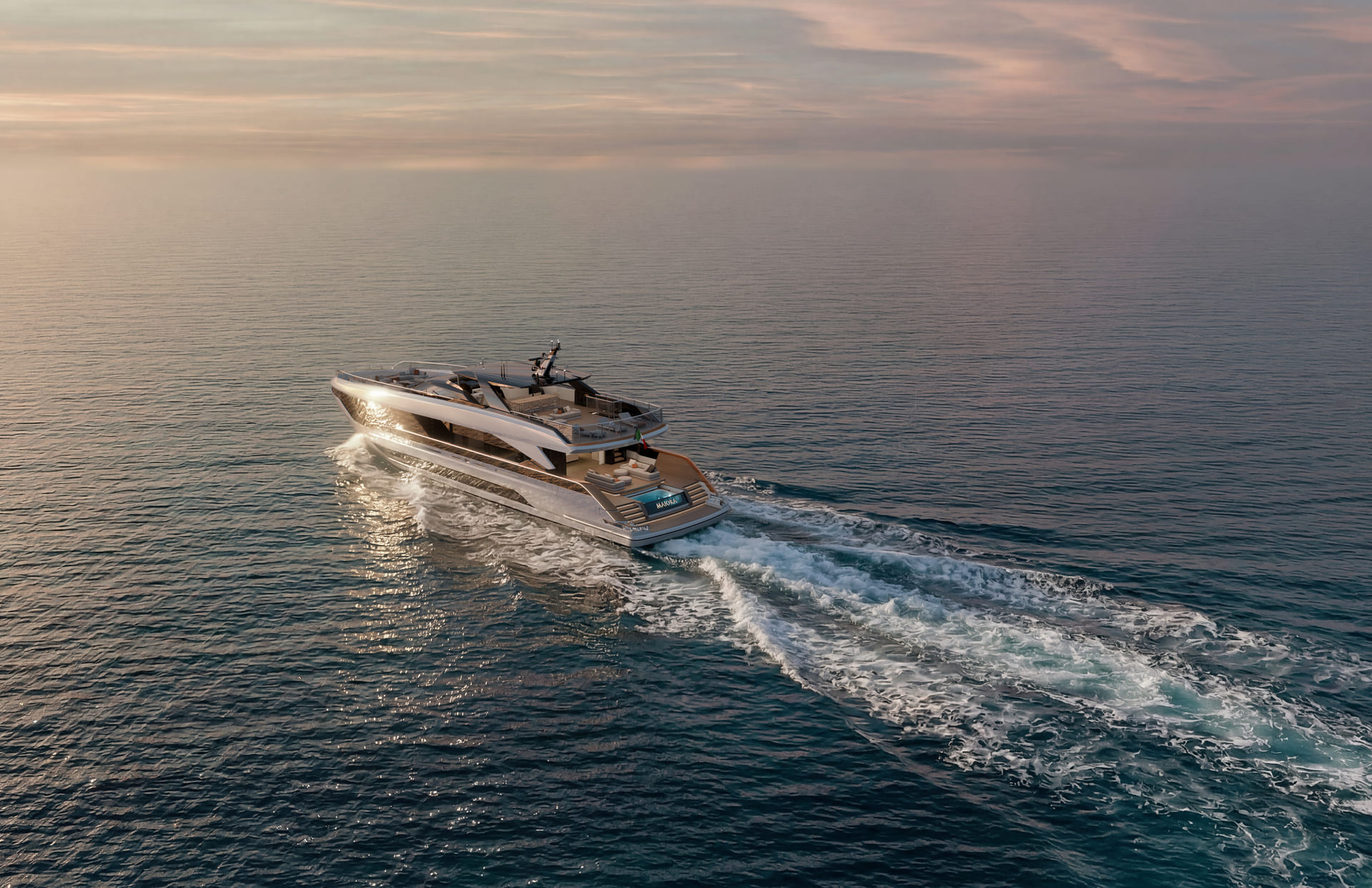 A rendering of the M|38 running away from the camera at dusk, a wake behind her and the aft pool visible on the main deck