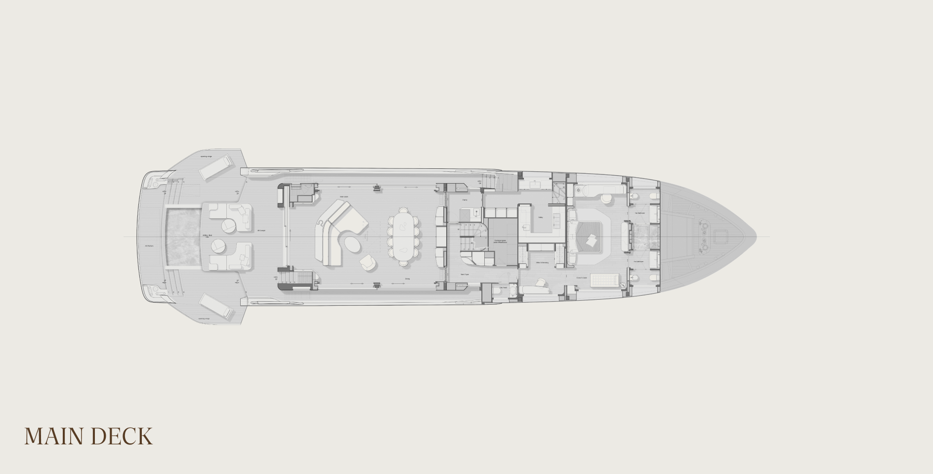 A main deck plan: an aft platform and cockpit with a pool, a saloon with a curved sofa and a dining table for ten, the galley, and a full-beam owner's cabin forward