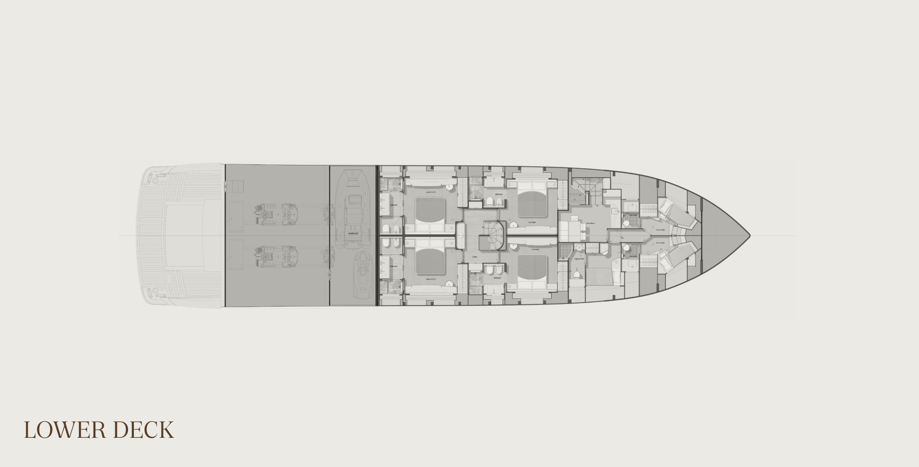 A lower deck plan: two junior suites and two VIP cabins amidships, crew cabins forward, and a garage aft holding a tender and a jet ski