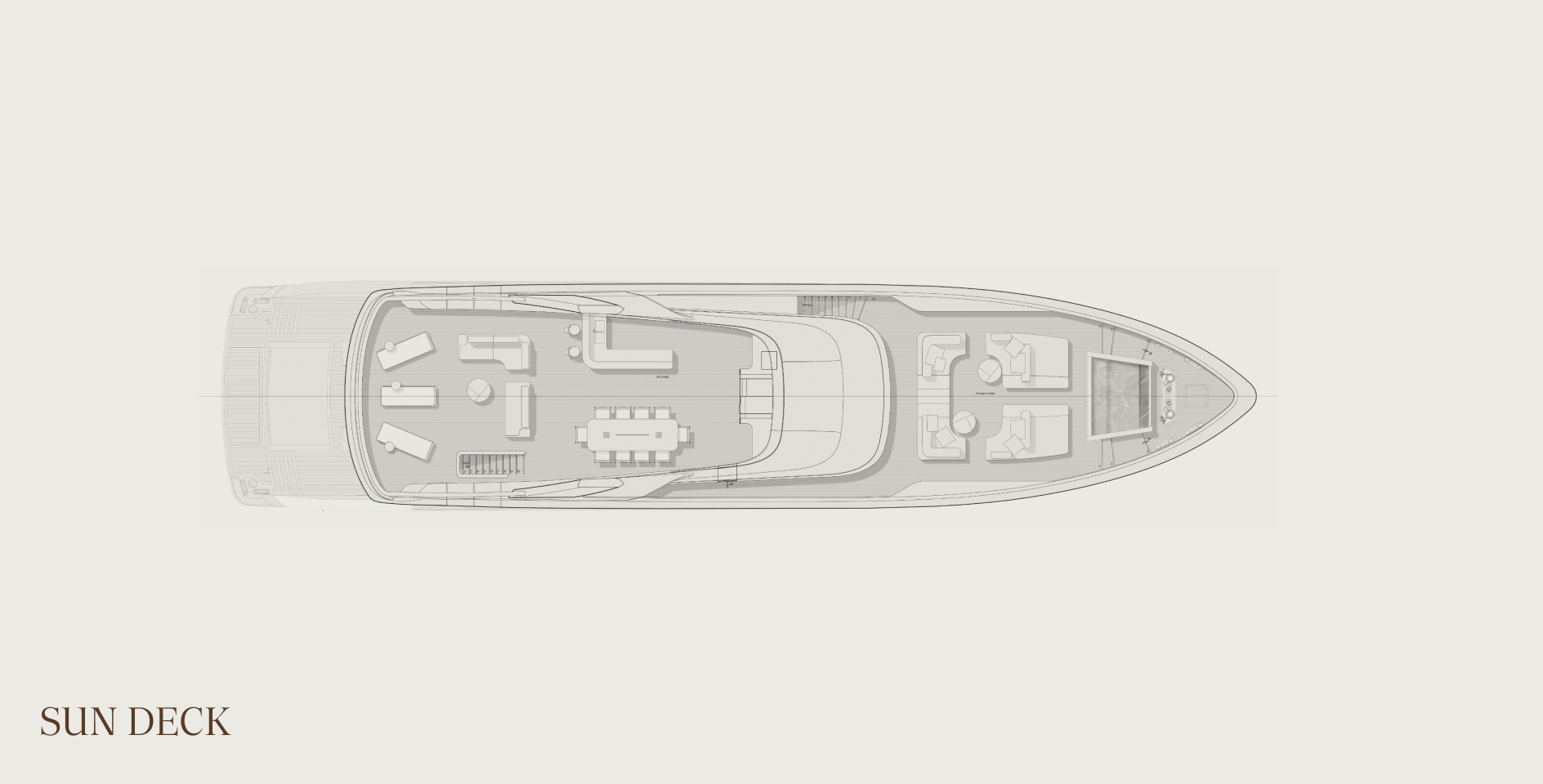 A sun deck plan showing the flybridge layout above the main deck