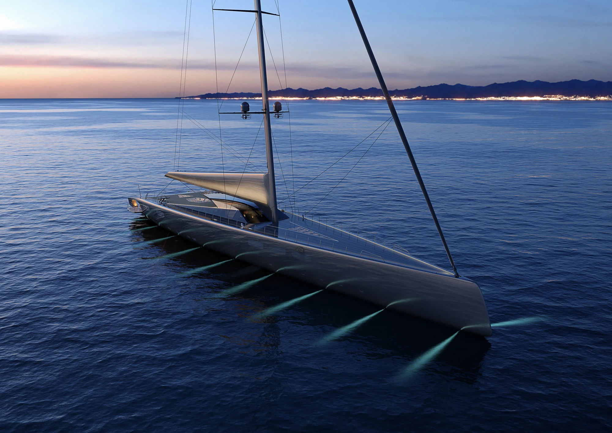 A rendering of Project 410 at anchor at dusk seen from the bow, the single mast towering over a low silver hull, a lit coastline behind