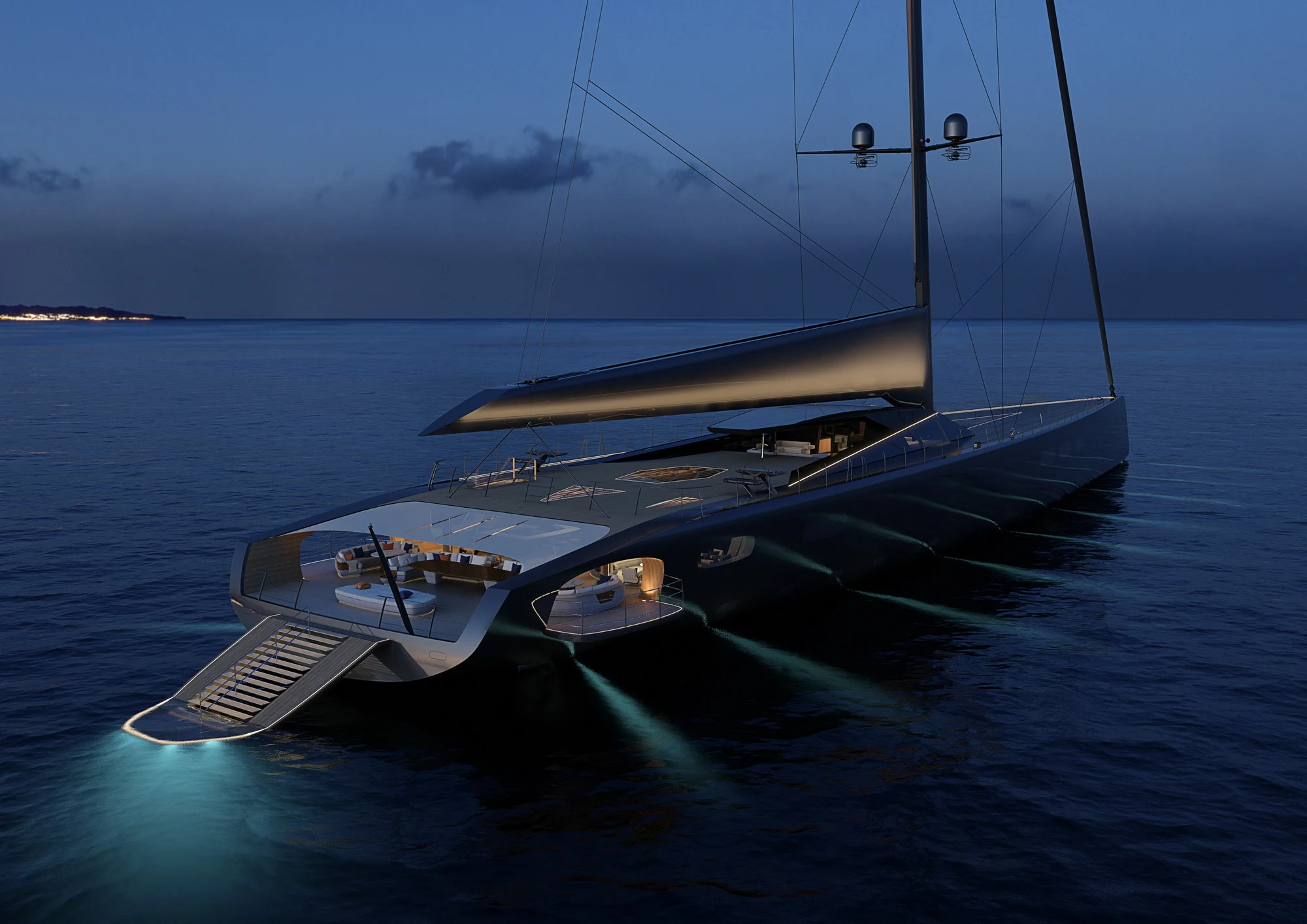 A rendering of Project 410 from astern at night, the transom folded down into a lit beach club with a boarding stair to the water
