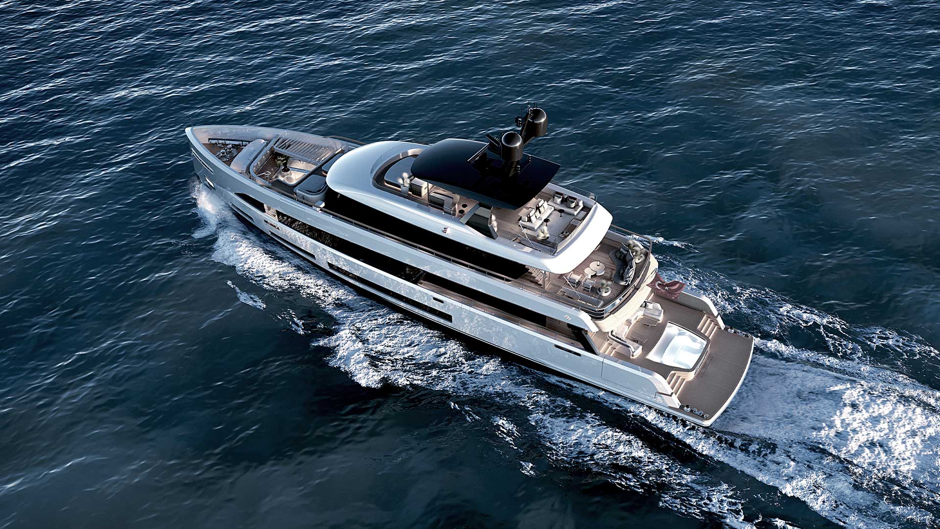 The 42M seen from astern and to starboard on open water
