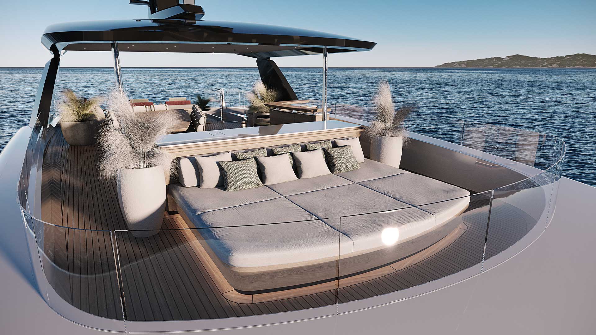A rendering of a shaded top-deck day bed under a dark hardtop, planters either side and open sea beyond