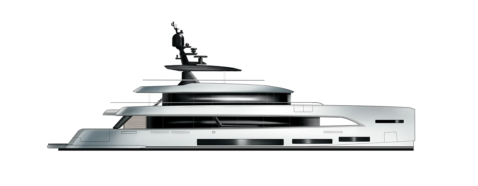 A profile drawing of the Sirena 42M showing four levels, the mast and the raked bow