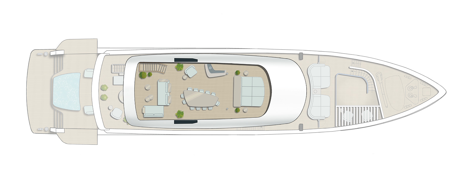 A plan drawing of the top deck: a pool aft, a long dining table, a helm position and seating on the foredeck
