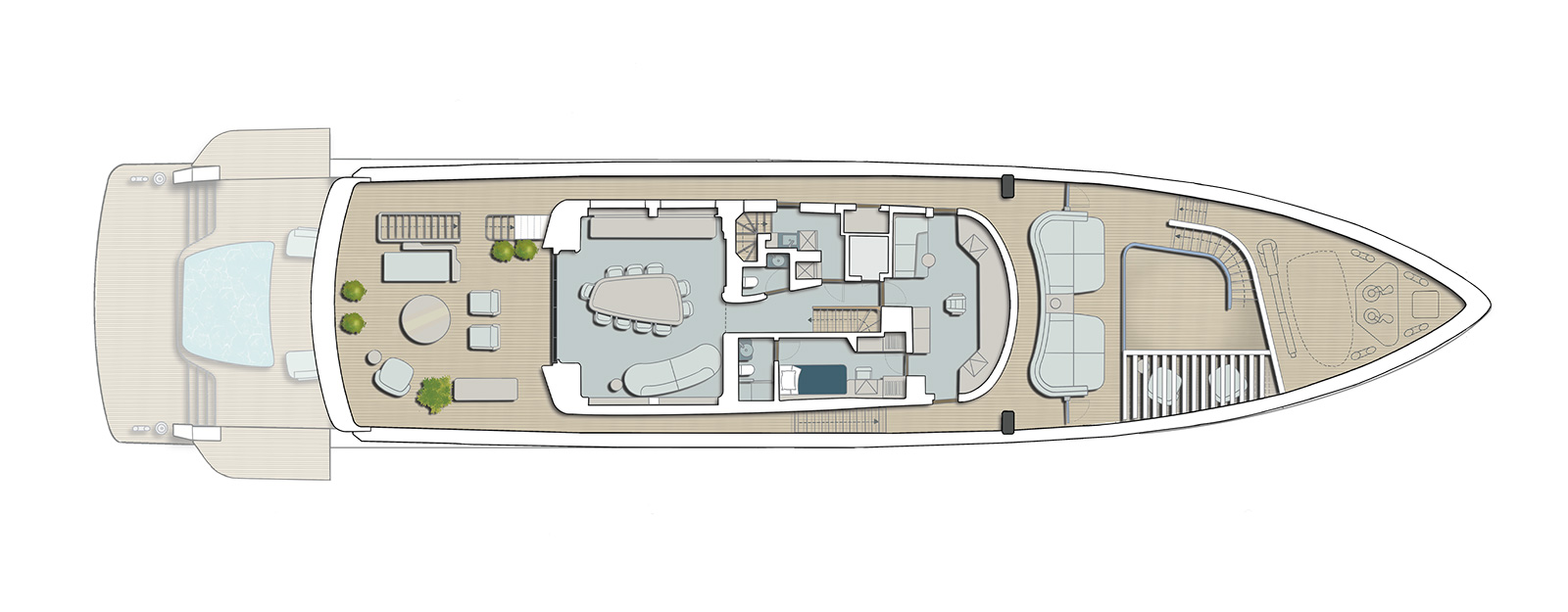 A plan drawing of a deck with a pool aft, a dining table for eight, a saloon, a cabin and seating forward