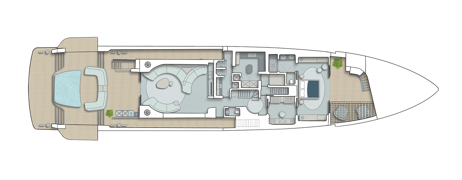 A plan drawing of a deck with a pool and seating aft, a large saloon with a curved lounge, and a full-beam cabin forward