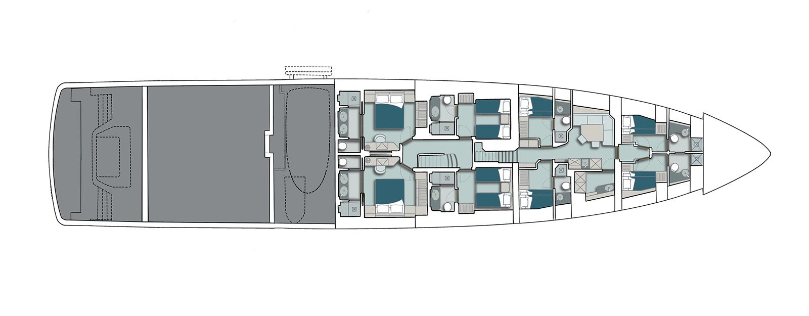 A plan drawing of the lower deck: guest cabins down both sides, crew quarters forward and a shaded garage aft