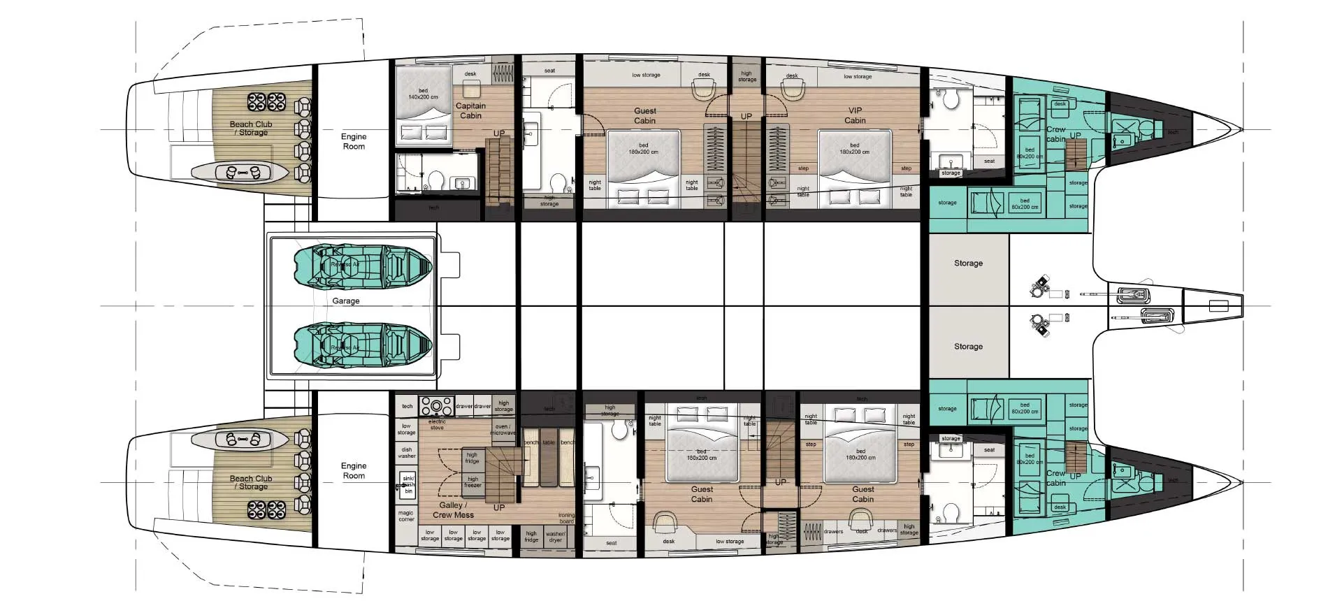 A plan drawing of both hulls showing a VIP cabin, three guest cabins, a captain's cabin, crew cabins, galley, two engine rooms and a central garage for two jet skis