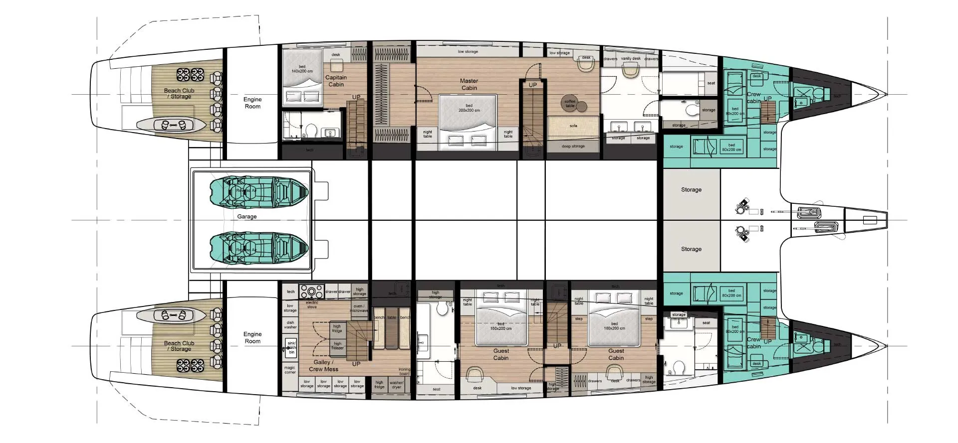 A plan of both hulls showing a master cabin and captain's cabin to port, galley and crew mess with two guest cabins to starboard, a central garage for two jet skis and beach clubs aft