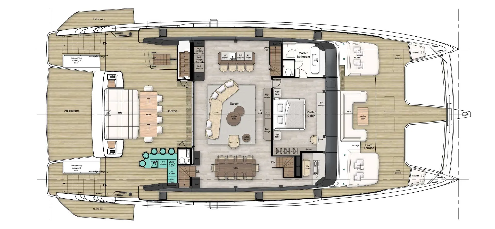 A main-deck plan with an aft platform and cockpit, a saloon with a curved sofa and a dining table, and a master cabin and bathroom right forward opening to a front terrace