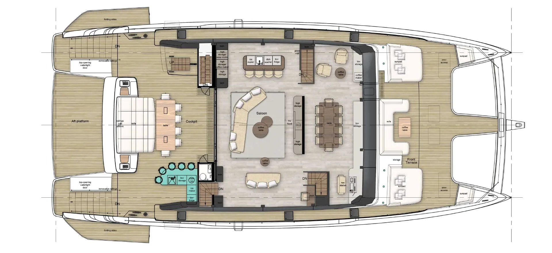 A main-deck plan with the same aft cockpit and saloon but no cabin forward, the space given over to a dining table for ten and a lounge