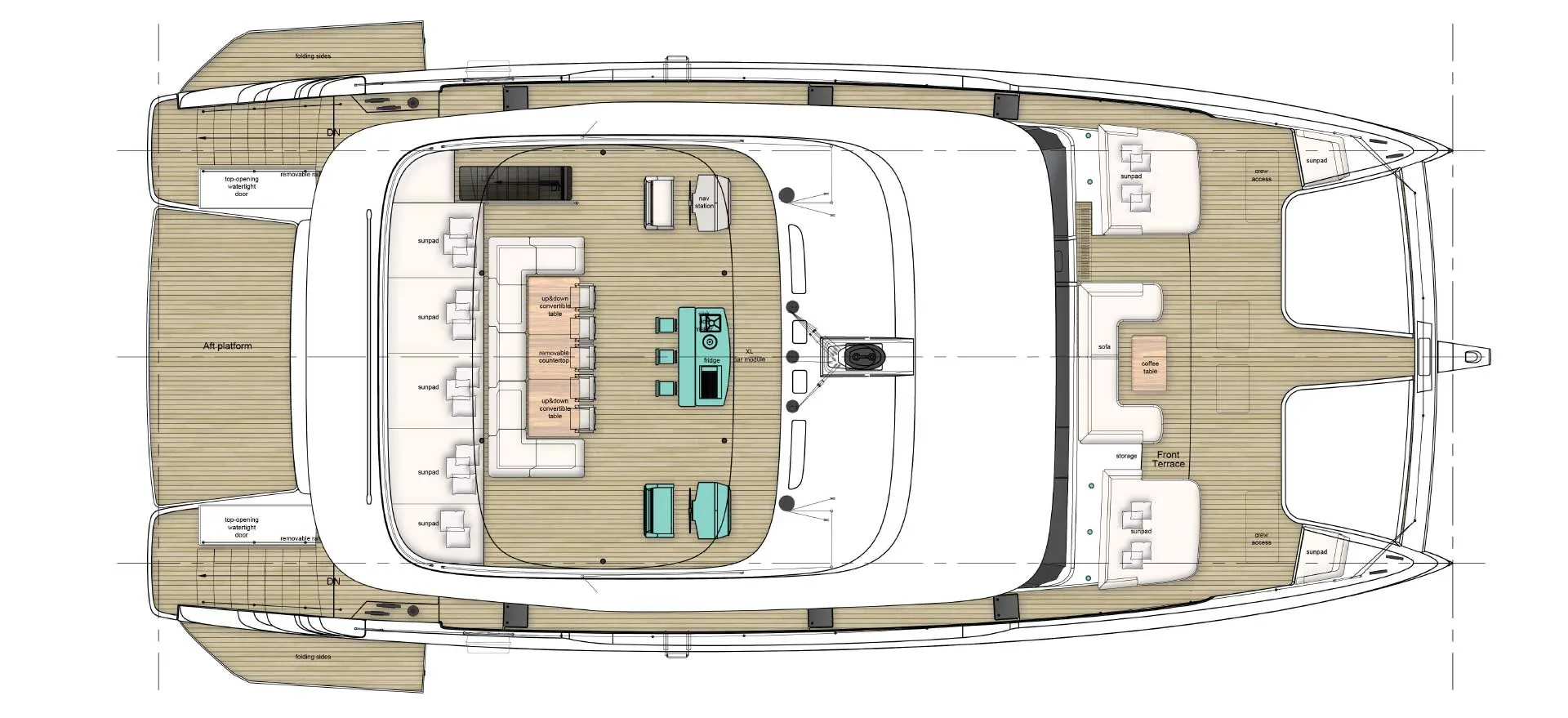 A flybridge plan with sunpads down both sides, two convertible tables, a bar module with fridge and grill, and the helm forward