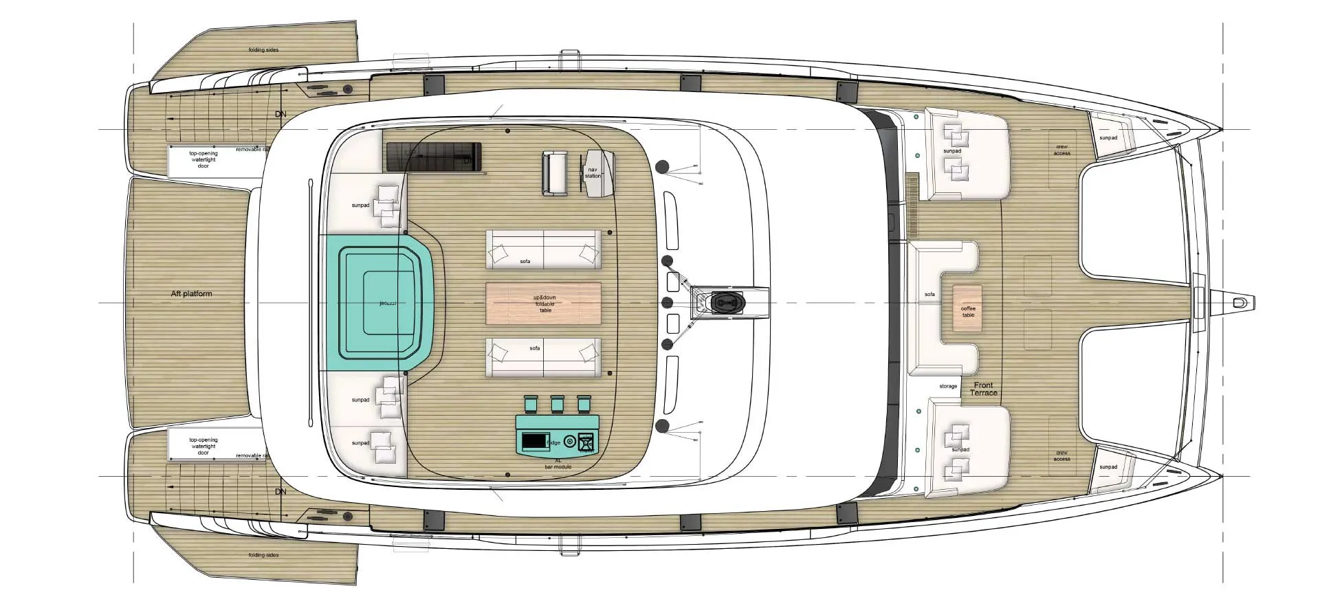 A flybridge plan with a large jacuzzi to port, two facing sofas around a folding table, a bar module and the helm forward
